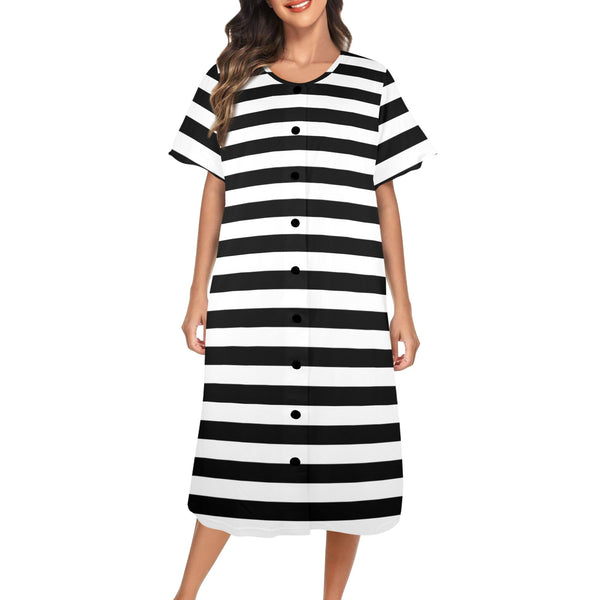 bw bold striped print 2 Women's Button Front House Dress - Objet D'Art