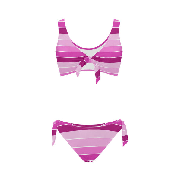 fuchsia bands print Bow Tie Front Bikini Swimsuit (Model S38) - Objet D'Art