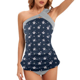 kemp logoed swimsuit gray print Women's One Shoulder Backless Swimsuit (Model S44) - Objet D'Art