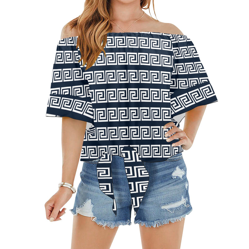 white on blue greek key print Off Shoulder Knot Front Blouse (Model T71) - Objet D'Art
