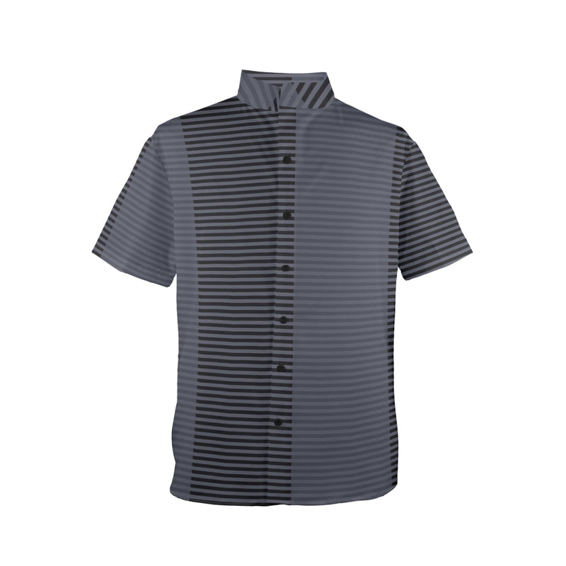 horizontal striped black gray print Men's Stand-Up Collar Short Sleeve Shirt - Objet D'Art