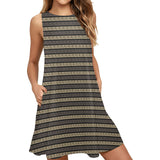 brown beige greek key print 7A Sleeveless A-Line Pocket Dress (Model D57) - Objet D'Art