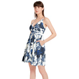 Delft Blue Roses Spaghetti Strap Sleeveless Falred Hem Short Dress - Objet D'Art
