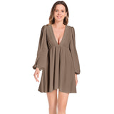 Toffee Lantern Sleeve Deep V-Neck Short Dress - Objet D'Art