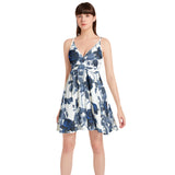 Delft Blue Roses Spaghetti Strap Sleeveless Falred Hem Short Dress - Objet D'Art