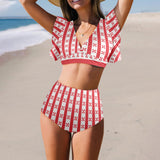 gingham red white print Women's Ruffle Sleeve Bikini Swimsuit (Model S42) - Objet D'Art