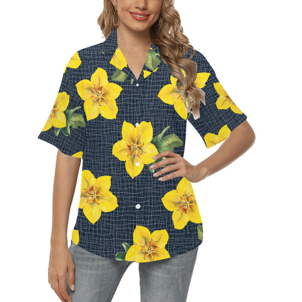 yellow flora print copy All Over Print Hawaiian Shirt for Women (Model T58)