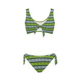 neon green greek print 3 Bow Tie Front Bikini Swimsuit (Model S38) - Objet D'Art