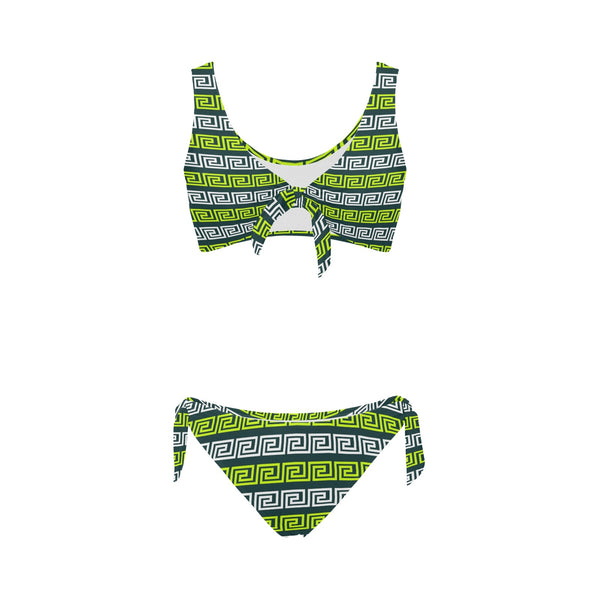 neon green greek print 3 Bow Tie Front Bikini Swimsuit (Model S38) - Objet D'Art