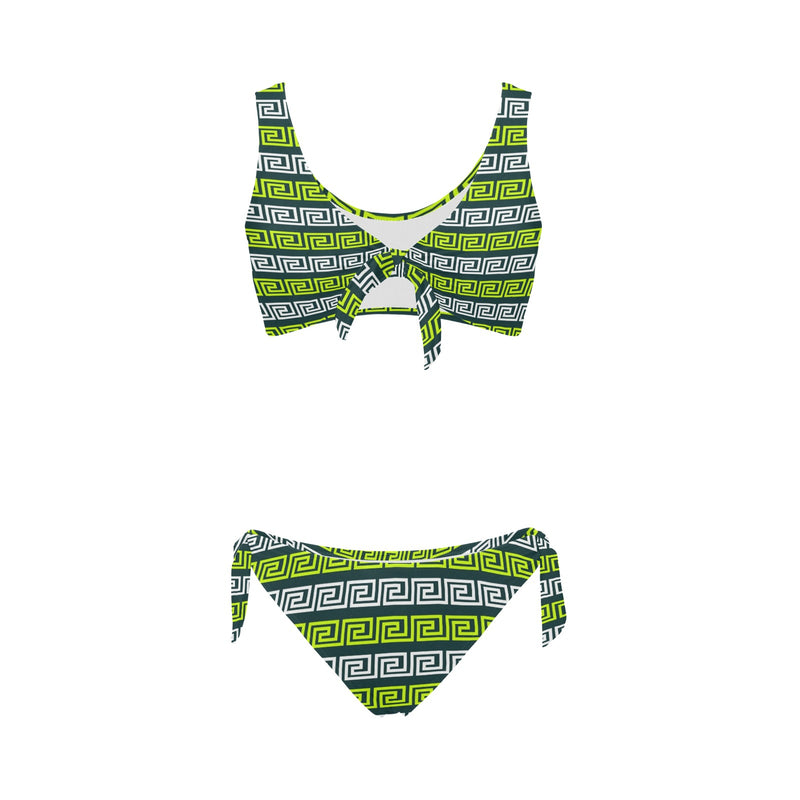 neon green greek print 3 Bow Tie Front Bikini Swimsuit (Model S38) - Objet D'Art