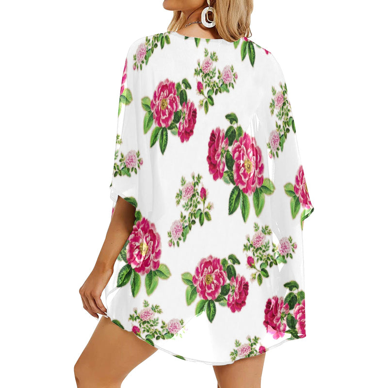 pink on white rose print Women's Kimono Chiffon Cover Up (Model H51) - Objet D'Art