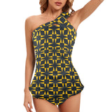 squ tri print Women's One Shoulder Backless Swimsuit (Model S44) - Objet D'Art