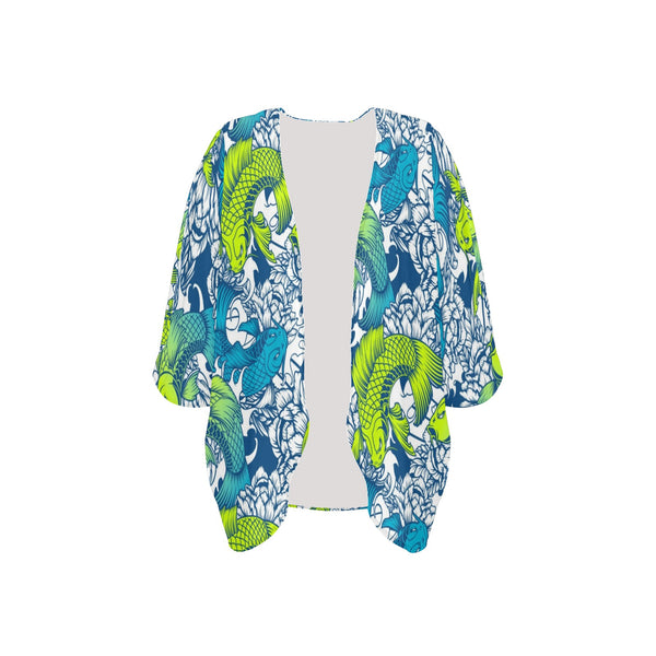 pisces neon green blue ombre print Women's Kimono Chiffon Cover Up (Model H51) - Objet D'Art