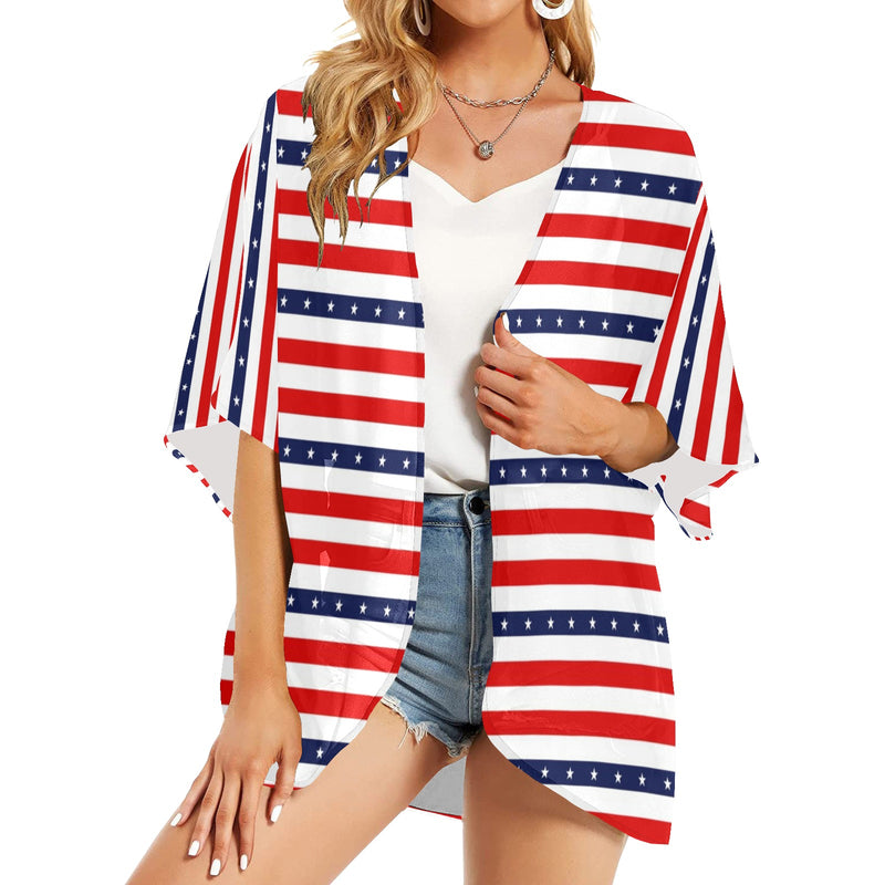 americana stars and stripes striped print 2 Women's Kimono Chiffon Cover Up (Model H51) - Objet D'Art