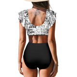 black solid print skirt Women's Ruffle Sleeve Bikini Swimsuit (Model S42) - Objet D'Art