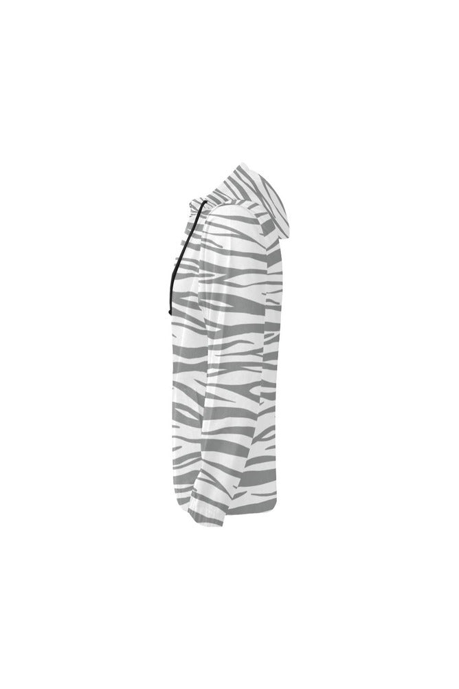 Ultimate Gray and White Tiger Striped Full Zip Hoodie for Women - Objet D'Art