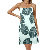 dark green light green background print Drawstring Neck Sleeveless Dress (Model D68) - Objet D'Art