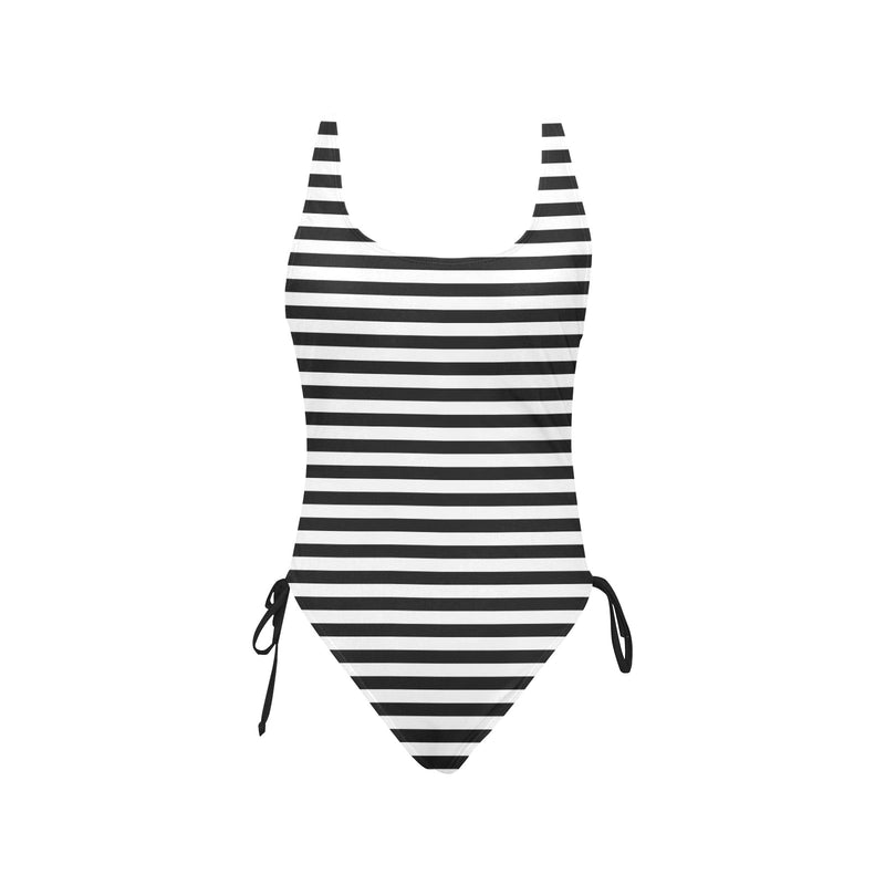 bw thin striped print 3 Drawstring Side One-Piece Swimsuit (Model S14) - Objet D'Art