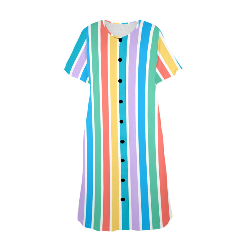 blue and white solid half Women's Button Front House Dress - Objet D'Art