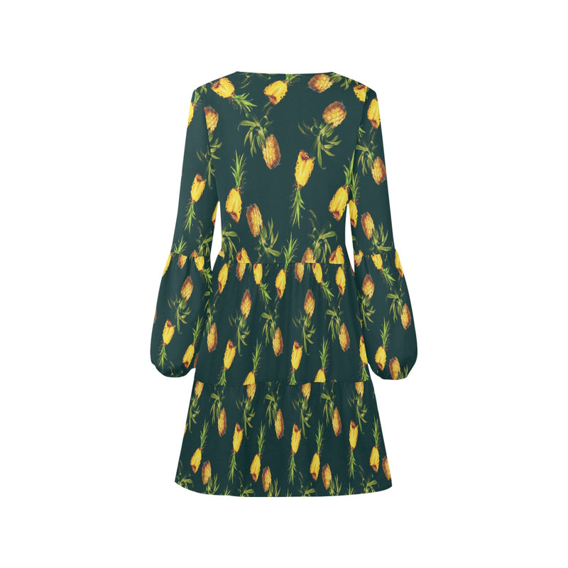 pineapple green print 4 V-Neck Loose Fit Dress (Model D62) - Objet D'Art