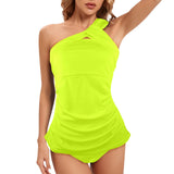 neon green print 2 Women's One Shoulder Backless Swimsuit (Model S44) - Objet D'Art