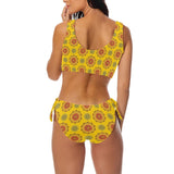 mandala gold print 3 Bow Tie Front Bikini Swimsuit (Model S38) - Objet D'Art