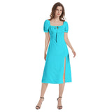 Elecrtric Blue Puff Sleeve Split Thigh Midi Dress - Objet D'Art