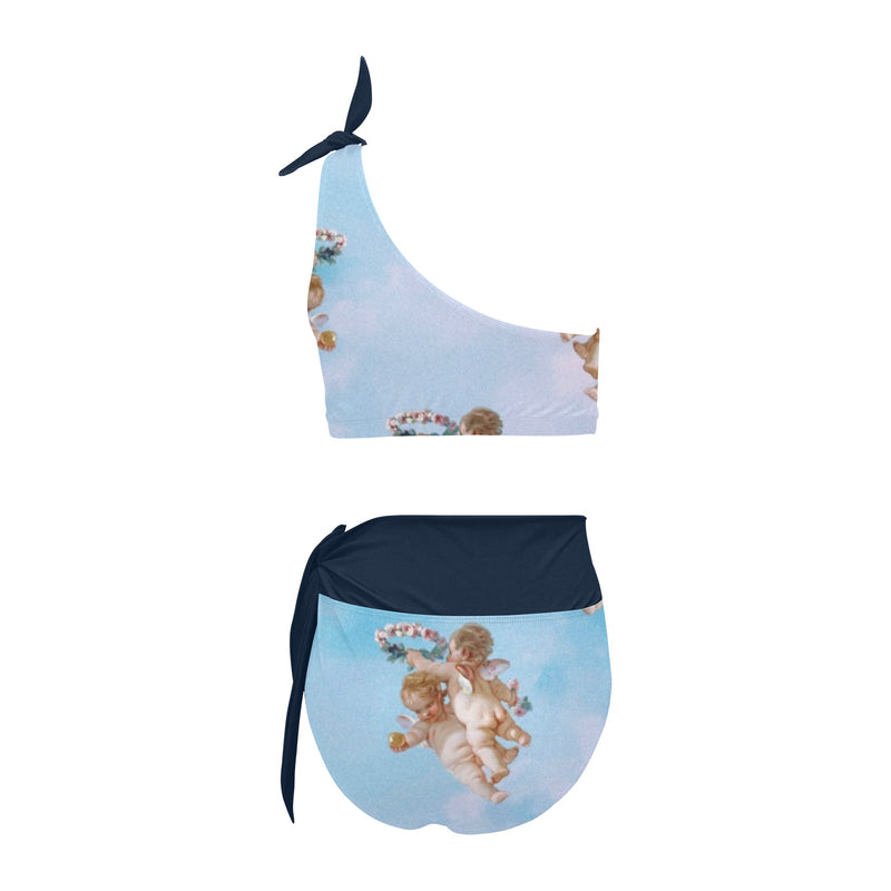 navy blue 2 print 4 High Waisted One Shoulder Bikini Set (Model S16) - Objet D'Art