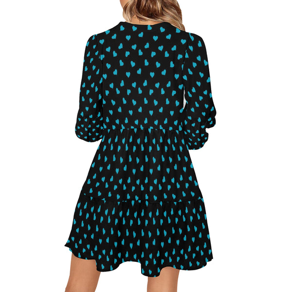 scattered blue heart V-Neck Loose Fit Dress - Objet D'Art