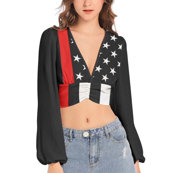 Support for Firefighters Women's Deep V-Neck Lantern Sleeve Crop Top - Objet D'Art