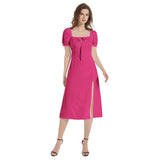 Hot Pink Pepper Puff Sleeve Split Thigh Midi Dress - Objet D'Art