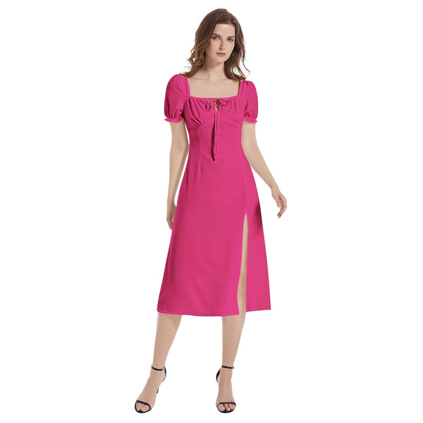 Hot Pink Pepper Puff Sleeve Split Thigh Midi Dress - Objet D'Art