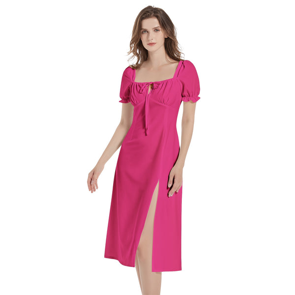 Hot Pink Pepper Puff Sleeve Split Thigh Midi Dress - Objet D'Art