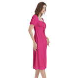 Hot Pink Pepper Puff Sleeve Split Thigh Midi Dress - Objet D'Art