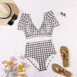 grid red gray print 2 Women's Ruffle Sleeve Bikini Swimsuit (Model S42) - Objet D'Art