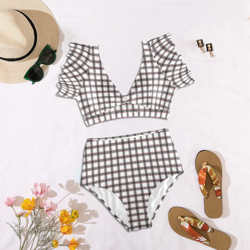 grid red gray print 2 Women's Ruffle Sleeve Bikini Swimsuit (Model S42) - Objet D'Art