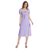 Lavendar Puff Sleeve Split Thigh Midi Dress - Objet D'Art