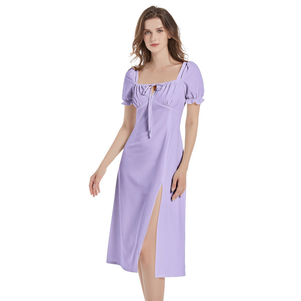 Lavendar Puff Sleeve Split Thigh Midi Dress - Objet D'Art