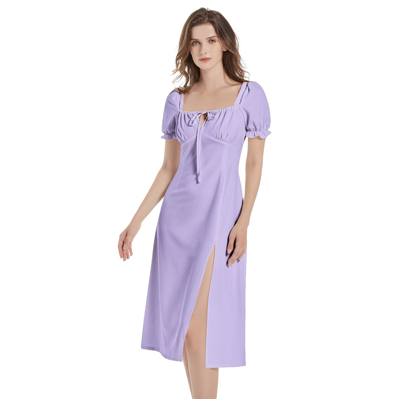 Lavendar Puff Sleeve Split Thigh Midi Dress - Objet D'Art