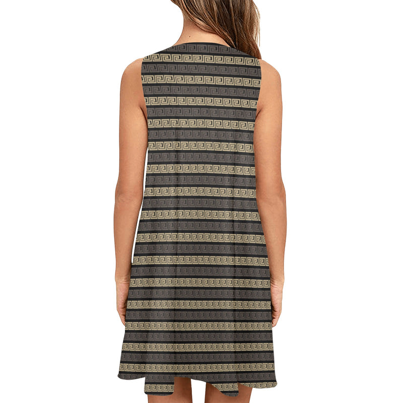 brown beige greek key print 7A Sleeveless A-Line Pocket Dress (Model D57) - Objet D'Art