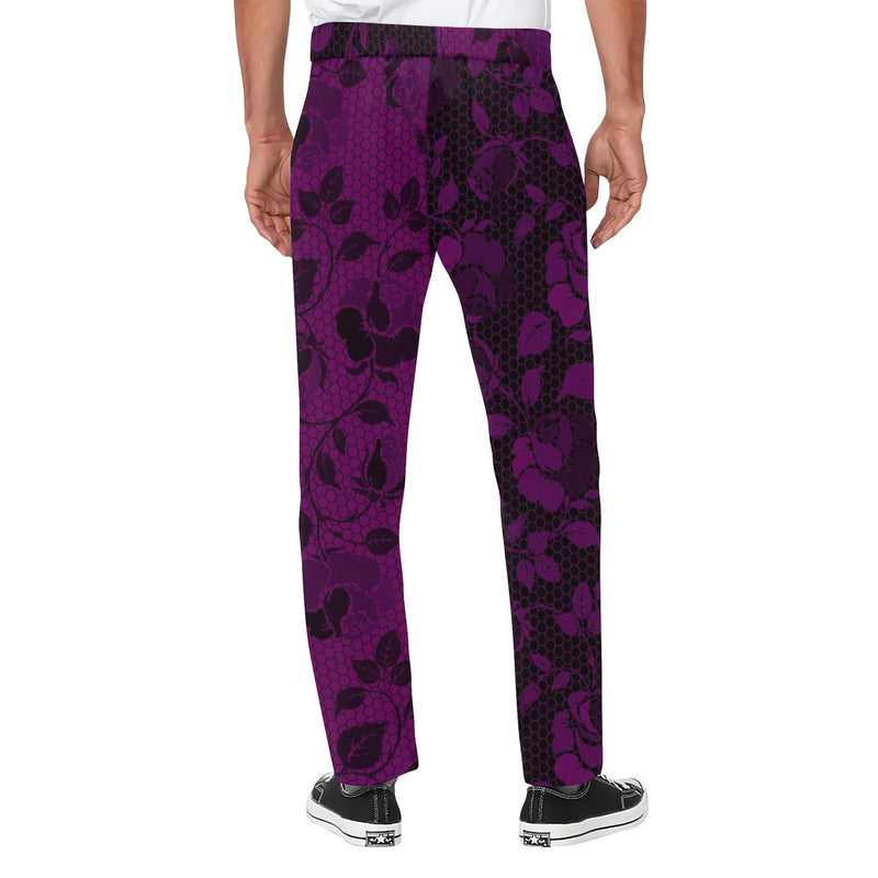 purple rose print 2 Men's All Over Print Casual Trousers (Model L68) - Objet D'Art