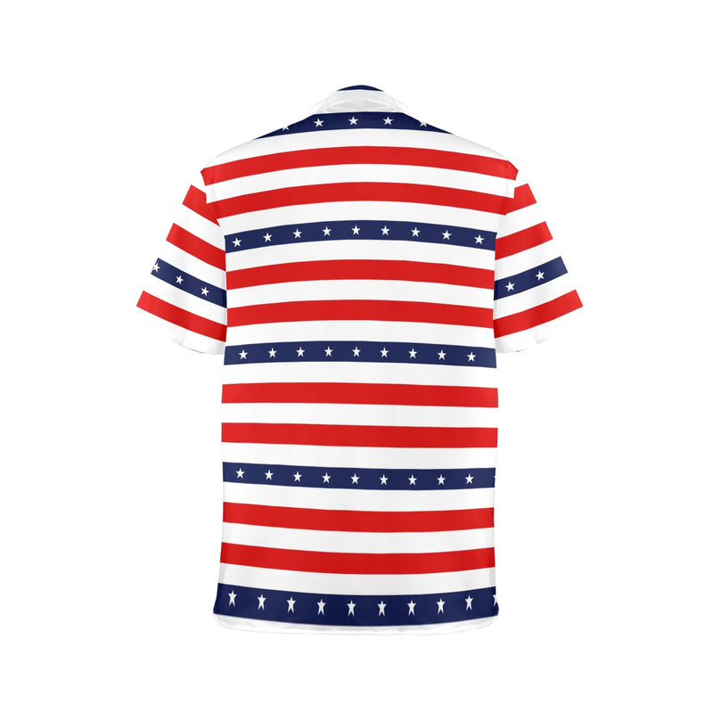 stars and stripes red white blue print 2 Men's Stand-Up Collar Short Sleeve Shirt - Objet D'Art