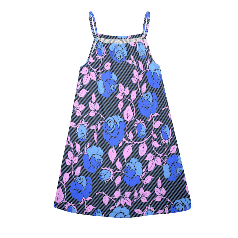 BLUE PINK ROSE PRINT copy Drawstring Neck Sleeveless Dress (Model D68) - Objet D'Art