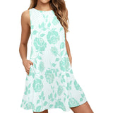mint rose 2 print Sleeveless A-Line Pocket Dress (Model D57) - Objet D'Art