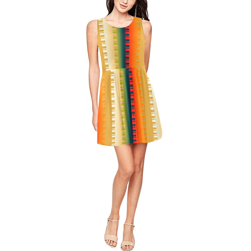 Autumn Grooves Thea Sleeveless Skater Dress(Model D19) - Objet D'Art