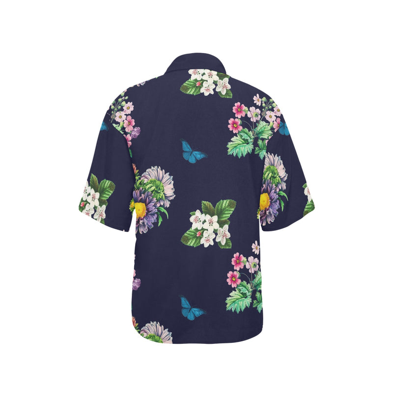 floral dark blue print 2 All Over Print Hawaiian Shirt for Women (Model T58) - Objet D'Art