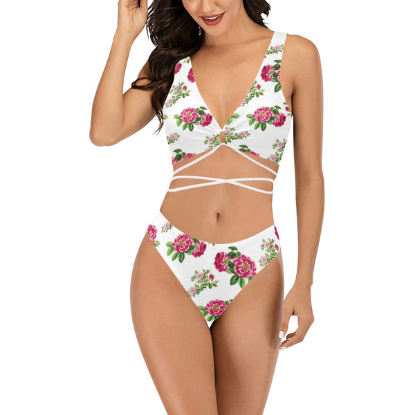 pink on white rose print Cross String Bikini Set (Model S29) - Objet D'Art