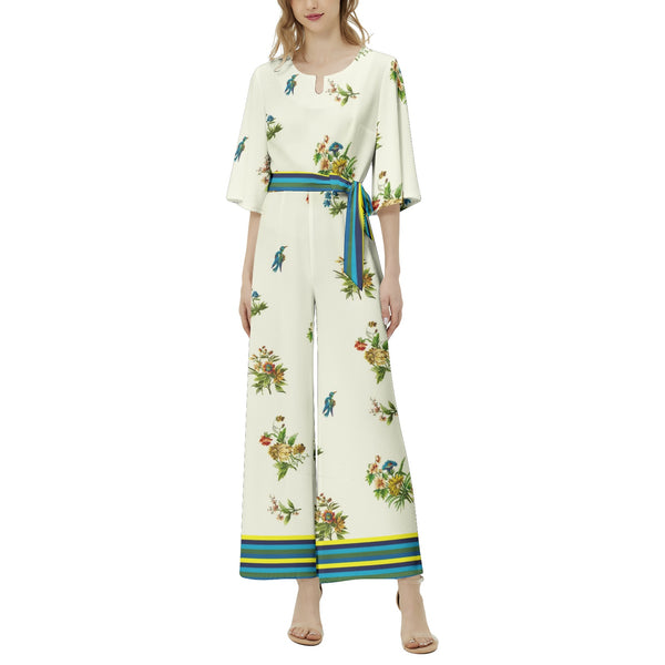 Summertime Collage Dolman Sleeve Belted Wide Leg Jumpsuit - Objet D'Art