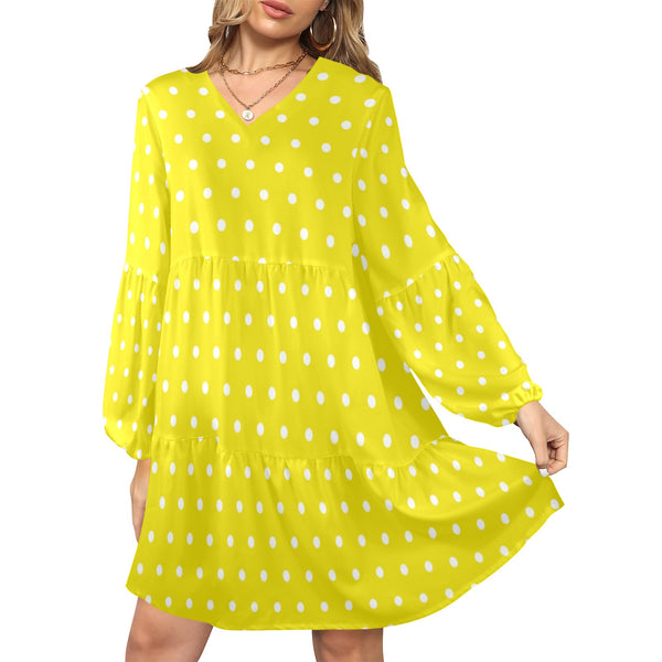 sunshine polka dots V-Neck Loose Fit Dress (Model D66) - Objet D'Art