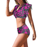 fuchsia rose on gray greek key print Women's Ruffle Sleeve Bikini Swimsuit (Model S42) - Objet D'Art